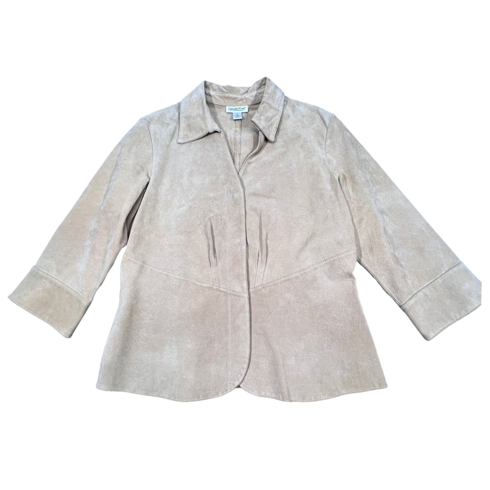 Coldwater Creek Tan Leather Jacket Suede Snap Front Pleated Womens Size S